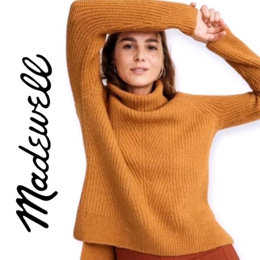Madewell Wool Sweater XL Pullover Mustard Yellow Cable Knit Turtle Neck